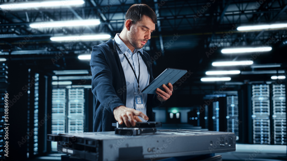 Aufkleber Successful Data Center IT Specialist Using Tablet Computer. Server Farm Cloud Computing Facility with System Administrator Working. Data Protection Engineering Network for Cyber Security.