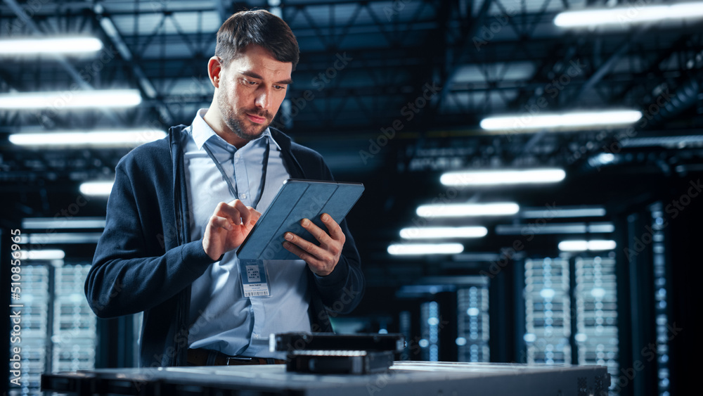 Poster Successful Data Center IT Specialist Using Tablet Computer. Server Farm Cloud Computing Facility with System Administrator Working. Data Protection Engineering Network for Cyber Security.