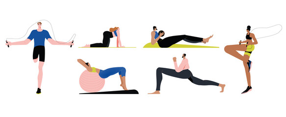 Set of people exercising with sports equipment, vector flat illustration. Collection of men, women doing exercises with fitness ball, skipping rope, yoga class and stretching.