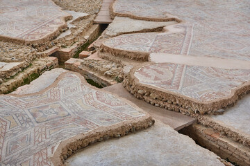 Roman mosaic tiles and hypocaust in La Olmeda village. Spain