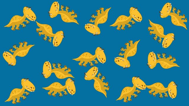 Several yellow dinosaurs in random movements on a blue and green background - animation