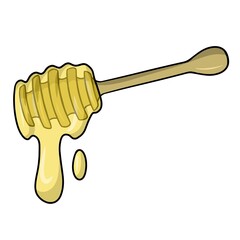 Wooden honey spoon, honey dripping from a honey stick, honey image, cartoon-style vector illustration