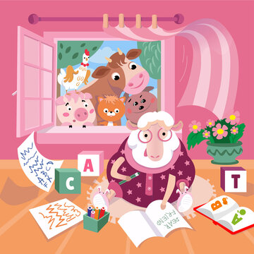 Cute sheep in glasses writes letter. Farm animals look into room with open window. Vector color illustration in cartoon style. Picture for design of posters, games, books, puzzles. 