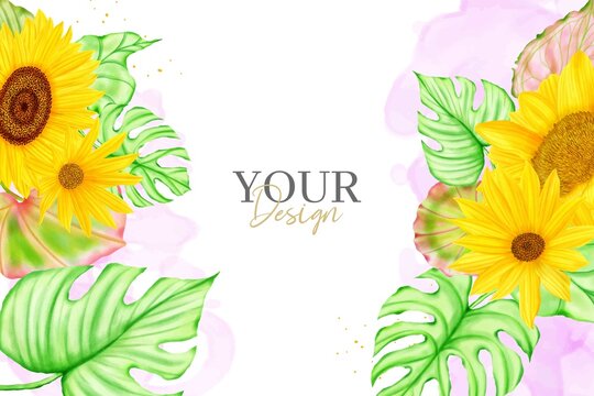 Watercolor tropical leaves and sunflowers summer background