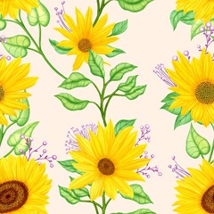 Watercolor sunflower seamless pattern