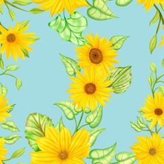 Naklejka na ściany i meble Yellow sunflowers seamless pattern