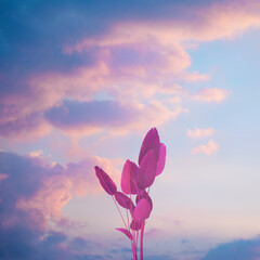 Pink exotic leaves against the sky. The concept of rest and dreams, relaxation. Modern art collage,...