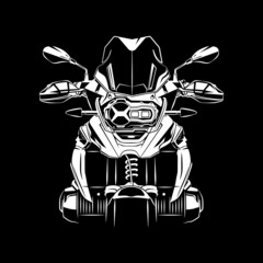 Adventure Motorcycle Touring Silhouette Front View on Black Background. Perfect for print and cut on t-shirt, background, banner, posters, web, etc.