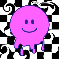 Funny psychedelic surreal melt smile face. Melted smiley, trippy sticker. geometry futuristic, check grid background art. comic acid for poster, graphic tee print, card. Y2K aesthetic