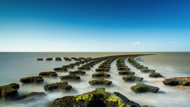 view of the sea defenses at Cobbolds Point near Felixstowe on the North Sea coast of England