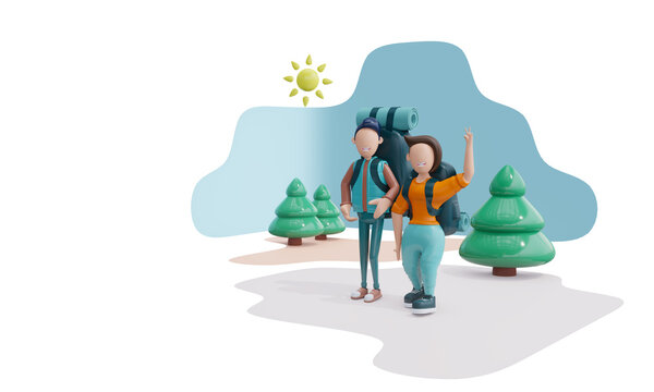 3d render. Cute tourists with backpacks go to the mountains, travel through the forest