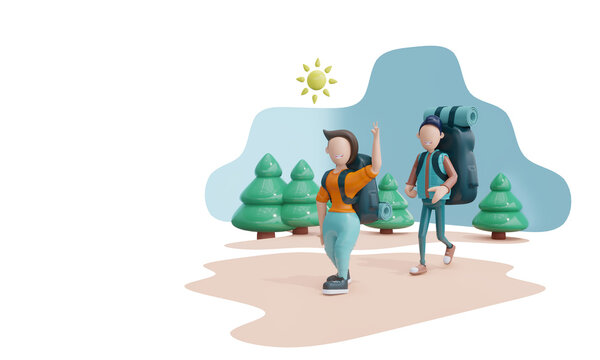 3d render. Cute tourists with backpacks walk through the forest