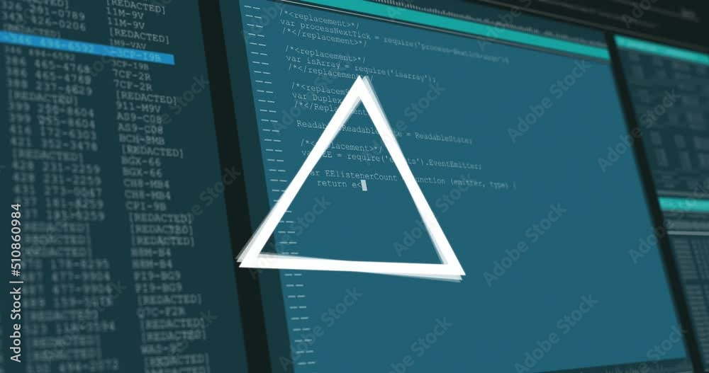 Poster animation of triangle rotating over data processing on computer screens