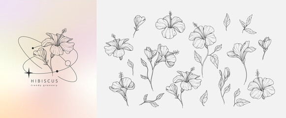 Set of luxury flowers and logo. Trendy botanical elements. Hand drawn line leaves branches and blooming. Wedding elegant wildflowers for invitation save the date card. Vector - obrazy, fototapety, plakaty