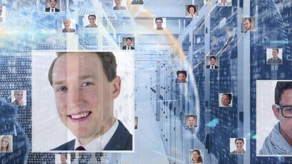 Animation of globe made of user photos rotating over data processing on navy background - Powered by Adobe