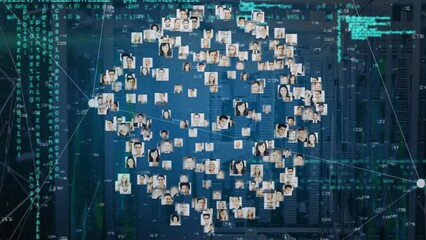 Animation of globe made of user photos rotating over data processing on navy background - Powered by Adobe