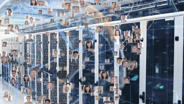 Animation of globe made of user photos rotating over servers - Powered by Adobe