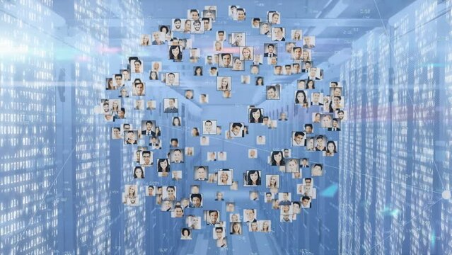 Animation of globe made of user photos rotating over servers - Powered by Adobe