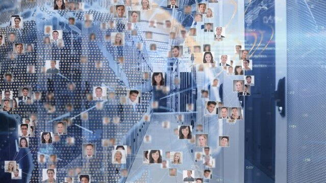 Animation of globe made of user photos rotating over servers - Powered by Adobe