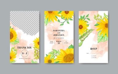 Instagram stories template for wedding invitation with watercolor sunflower