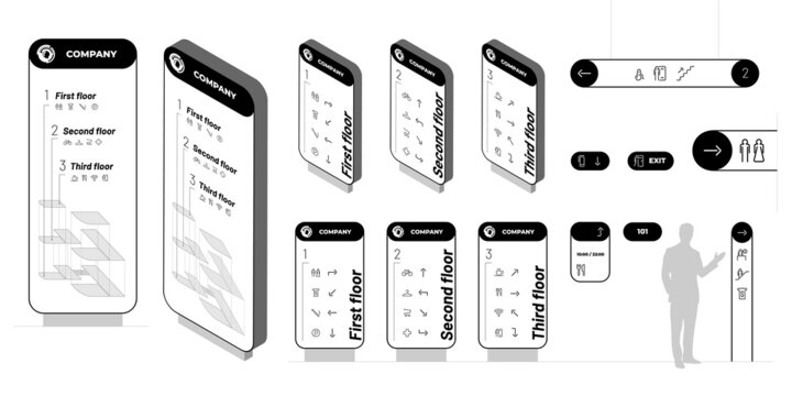 Wayfinding System Signage Mockup Set. Exterior And Interior Way Finding Design Templates. Mall Navigation Mock Up. Public Place Information Boards. Residential Complex Direction Vector Signs