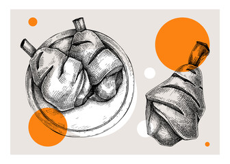 Ham hock trendy drawing. German food sketch. Oktoberfest menu design element. Hand drawn fast food illustration for Octoberfest. Traditional German cuisine meal sketch. Pork knuckle in engraved style - obrazy, fototapety, plakaty