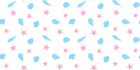 Pink starfish and blue seashells on a white background. Marine endless texture. Vector seamless pattern for wallpaper, wrapping paper, cover, packaging, wrapper, surface texture or printing on clothes