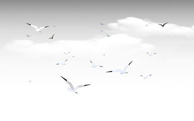 A flock of flying birds seagulls in the sky with clouds. Vector landscape illustration.