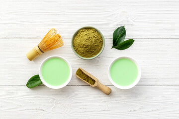 Matcha tea. Tea ceremony with dry powder and hot drink