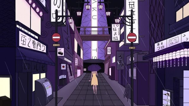 Girl in the rain on the streets of Japan. 2D animation in loop.
Nostalgic, anime style, lo fi