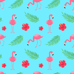 Pink flamingo bird pattern with tropical leaves and flowers