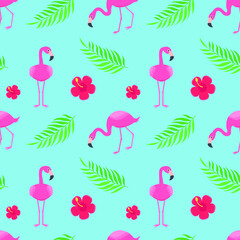 Pink flamingo bird pattern with tropical leaves and flowers