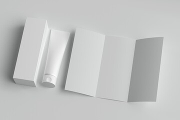 3d rendering, cream packaging template with box and flyer, mockup for design