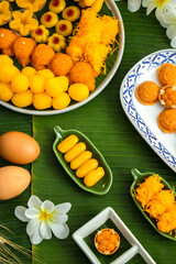Thai traditional dessert concept, Various thai desserts made from egg yolks and sugar in plate
