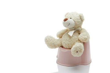 Toy bear on a children's pot isolated on white background. The concept accustom the child to the...