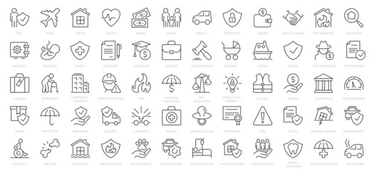 Insurance icons set. Vehicle, health insurance, beneficiary, repair, coffin, glasses and more. Outline icons collection.