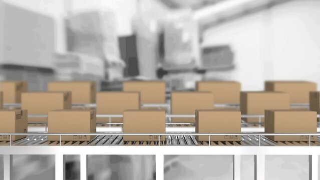Animation of cardboard boxes on conveyor belts over warehouse