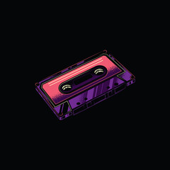 Original, musical vector emblem in neon style. Vintage music audio-cassette with magnetic tape. 