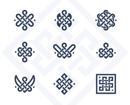 Set of 9 Celtic symbols. Set of Celtic endless knots. Celtic patterns.