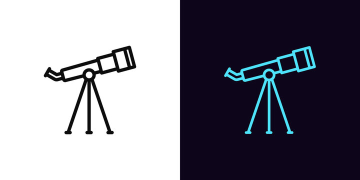 Outline space telescope icon, with editable stroke. Monocular spyglass sign, planetarium pictogram. Cosmos exploration