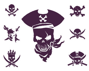 Burgundy collection of 7 vector skulls You can use these pirate skulls to print on t-shirts, clothes, pirate flags, mugs, pillows, snowboards and other items and things.