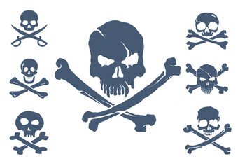 Blue collection of 7 vector skulls You can use these pirate skulls to print on t-shirts, clothes, pirate flags, mugs, pillows, snowboards and other items and things. - obrazy, fototapety, plakaty