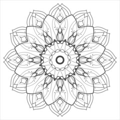Vector flower mandala coloring book page for adults. Ornamental round floral lace outline black contour on white. Flower, nature elements, geometric symmetry, ethnic style, lace pattern template.