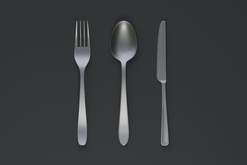 Fork, spoon and knife, isolated on black background. Home kitchen tools and accessories for cooking. Top view. 3d rendering 3d illustration