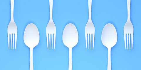 Fork and spoon on blue background. Top view. Home kitchen tools and accessories for cooking. 3d rendering 3d illustration