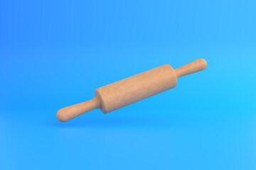 Wooden rolling pin on blue background. Home kitchen tools and accessories for cooking and baking. 3d rendering 3d illustration