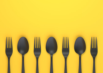 Fork and spoon on yellow background. Top view. Home kitchen tools and accessories for cooking. 3d rendering 3d illustration