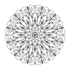 Vector flower mandala coloring book page for adults. Ornamental round floral lace outline black contour on white. Flower, nature elements, geometric symmetry, ethnic style, lace pattern template.