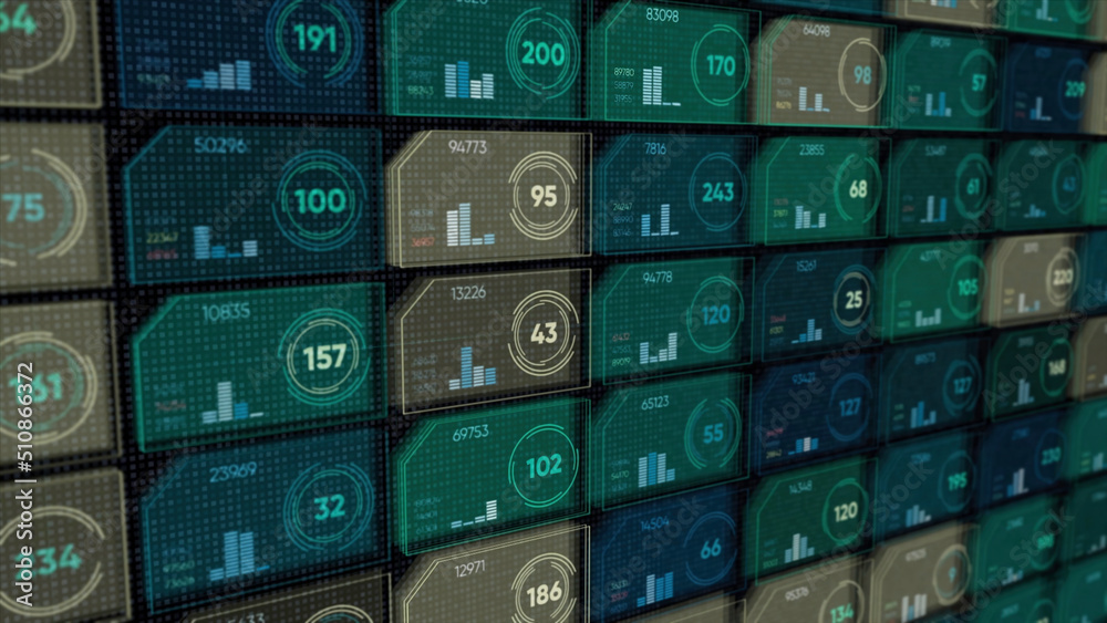 Poster abstract digital display with colorful rows of small cells or microchips with different numbers and 