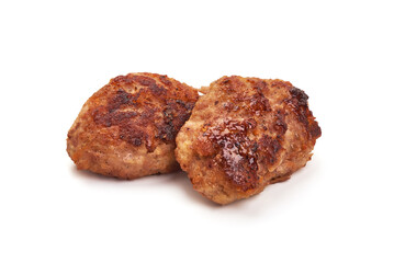 Homemade pork cutlets, meatballs from minced meat, isolated on white background.